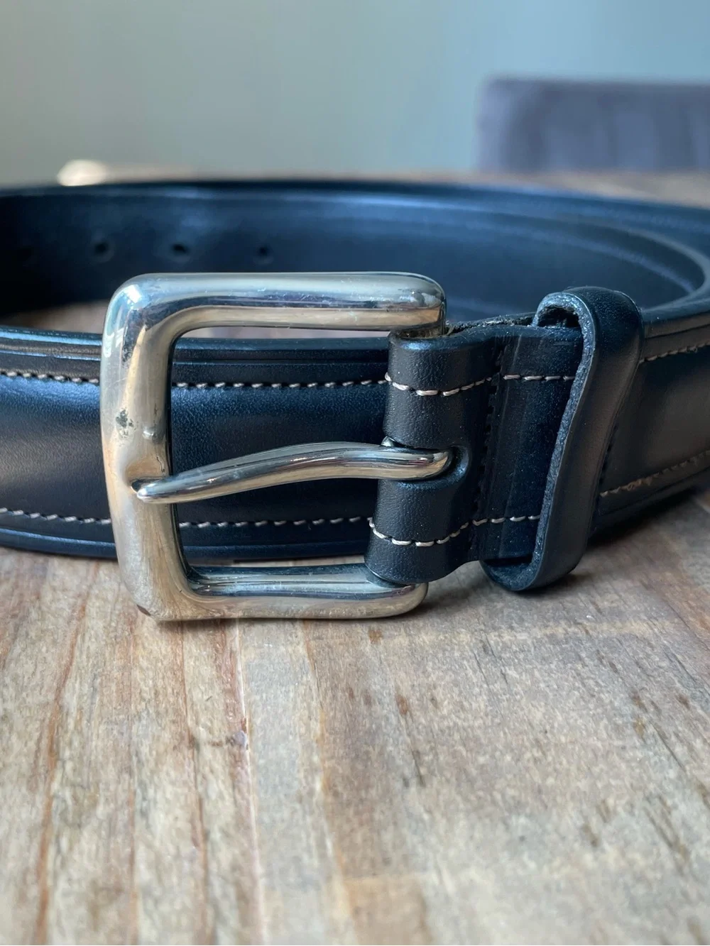 Polo Ralph Lauren Belt Black Italian Leather Solid Brass Buckle Stitch Mens 40